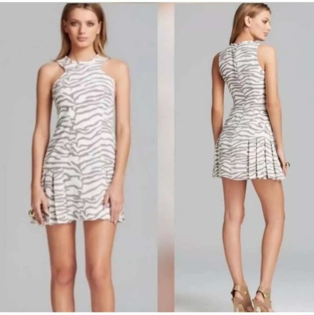 Rebecca Taylor Snow Tiger Print Fit & Flare Mini Dress Sleeveless Pleated Size 4
